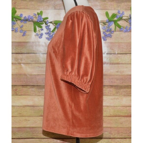 THML Fall Women Size L Corduroy Orange Rust Puff Short Sleeve Top Shirt Soft - Picture 4 of 9